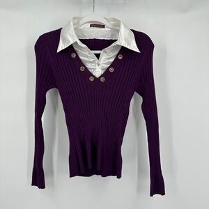 Womens Y2K Preppy Sweater Size S Purple Rib Knit Satin Collar Academia Preppy